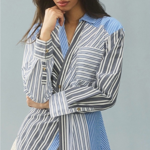Pilcro Tops - Pilcro Reworked mixed stripe buttondown Blue and White Striped Shirt sz M